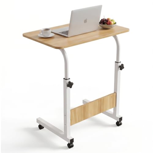 Image of BonKaso Height Adjustable Laptop Table with Wheels, Portable Rolling Computer Desk, Wooden Top, Lockable Casters, Mild Steel Frame, Multipurpose Bed Sofa Study Work Table for Home Office - Walnut