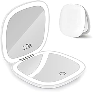 Micacorn LED Light Travel Makeup Mirror 1X 10X Magnified Compact Mirror USB Charging Folding Mirror Touch Screen 3 Colors Brightness Adjustable Portable Mini Mirror for On the Go and Handbag