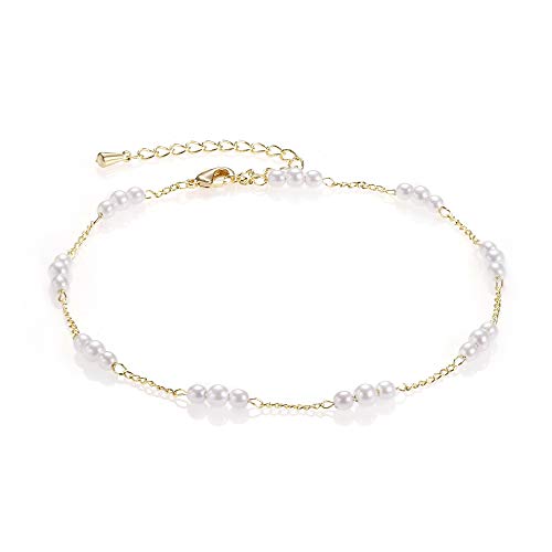 Sewyer Gold Layered Ankle Bracelets For Women 18K Gold Plated Four Layer Rhinestone Cz Anklet Cuban Figaro Fishbone Pearl Link Anklets Set Summer Jewelry Gift #TOP2