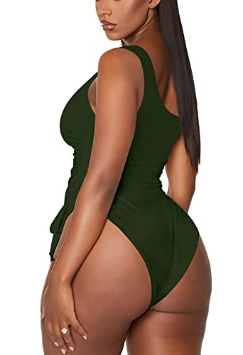 Viottiset Women's One Shoulder Ruched One Piece Swimsuit Tummy Control High Cut Cheeky Bathing Suit Army Green X-Large #TOP1
