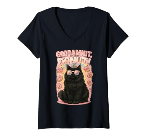Mujer Goddammit Donut Princess Cat, divertidas vibraciones de pastelería, Donut Queen Camiseta Cuello V