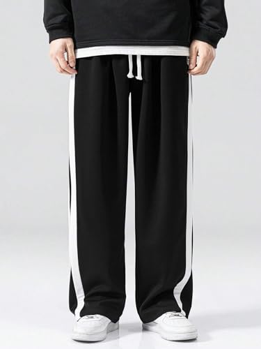 Image of GRECIILOOKS Men's Wide Leg Track Pants with Contrast Side Panel, Relaxed Drawstring Fit Streetwear Trousers, Poly Blend Casual Joggers
