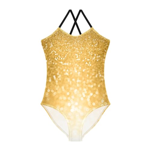 Sparkle Gold Glitter Girls One Piece Swimsuit Beach Swimwear Quick Dry Kids Bathing Suits 9-10T