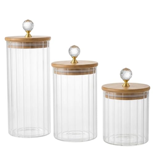 Kit 3 Potes de Vidro Canelado Hermético com Tampa de Bambu – Porta Mantimentos e Condimentos para Cozinha