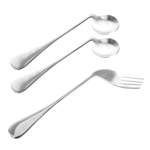 GOOHOCHY Abgewinkeltes Besteck Satz für Linkshänder 1 Gabel 2 Löffel Ergonomisches Fütterungsbesteck aus Rostfreiem Stahl Gebogenes Essgeschirr...
