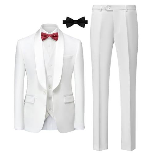 Mens 3 Piece Suit Slim Fit Shawl Lapel One Button Formal Jacket Vest Pants Set & Bow Tie2