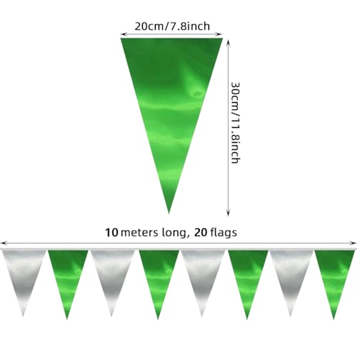 Image of 40M /130FT Green Silver Triangle Pennant Banner Flag Metallic Fabric Bunting Garland for Christmas Graduation Wedding Engagement Anniversary Bachelorette Birthday Bridal Shower Hen Party Supplies