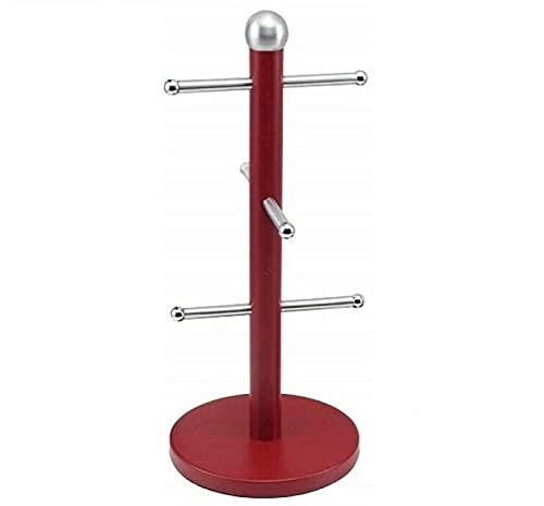 Optimal Products Stainless Steel 6 Cup Mug Tree Stand and Kitchen Towel Paper Roll Pole Holder Free Standing Bath Rack (Red, Mug Tree)