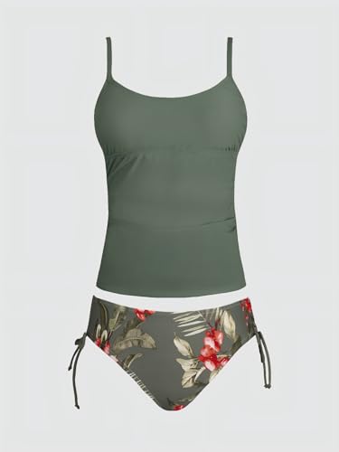 CUPSHE Damen Tankini Set U Ausschnitt Bauchweg Raffung Tankini Mid Waist Tunnelzug Bademode Zweiteiliger Badeanzug Swimsuit Rauchgrün/Blumig L