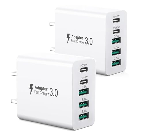 2-Pack iPhone Fast USBC Charger 80W USB C Wall Charger Dual-30W Multiport Fast Charging Block 5-Port Universal Plug Compatible with iPhone 17/16/15 Galaxy S25/S24/S23 iPad