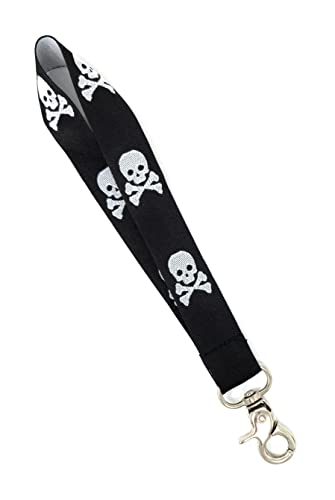 Vinylcation Skull and Crossbones Wristlet for Keys, ID Badge, Cellphone, Luggage or Clutch Purse Accessory; Skeleton Keychain Wrist Lanyard with Lobster Claw Clip (B&W)