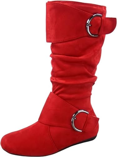 Image of Forever Link Women's Klein-70 Closed Round Toe Buckle Slouch Flat Heel Mid-Calf Boot