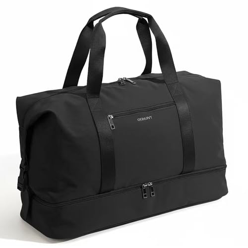 Image of Oeihuivt Weekender Bags for Women - 21 Inch Large Travel Duffel Bag with Shoe Compartment, Heavy-Duty Canvas Leather Carry On Overnight Tote, Black-1A, 21, Weekend Trip