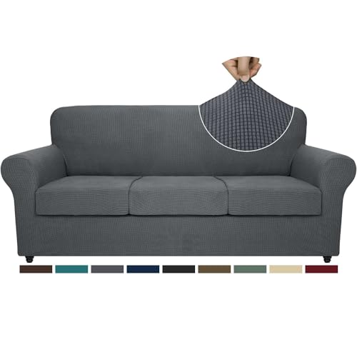 ZNSAYOTX 4-Piece Sofa Slipcovers High Stretch Spandex Slip Cover Living Room Couch Covers for 3 Cushion Couch Jacquard Small Checks Furniture Protector Machine Washable (Dark Grey, Sofa)