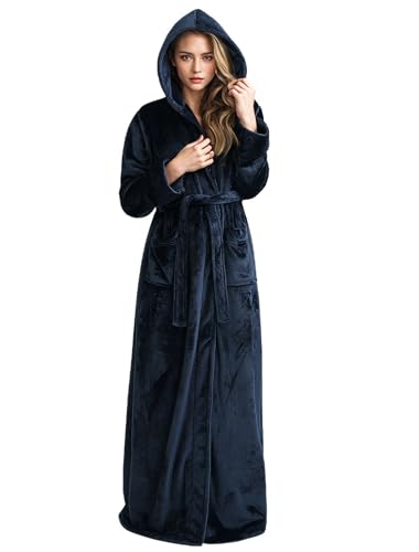 Image of Hellomamma Long Hooded Robe for Women Luxurious Flannel Fleece Full Length Bathrobe Winter Warm Pajamas Shower Nightgown