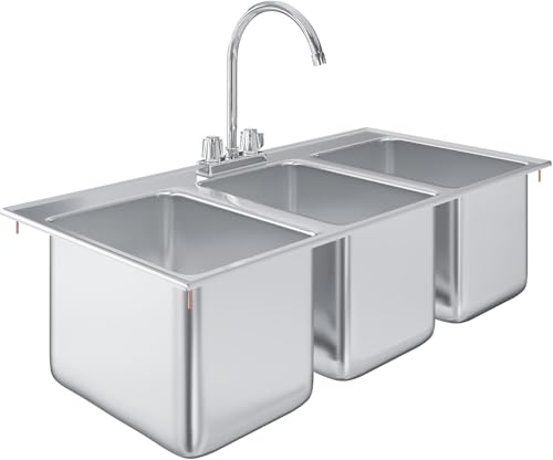 Fregadero de cocina comercial con 3 compartimentos, 37.5 x 18.5 pulgadas, NSF