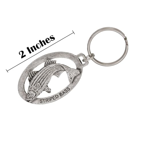 Striped Bass Keychain, Pewter, S052KC, 2”, 100% Handmade in the USA, Fish Keychain, Saltwater Key Chain, Striped Bass Key Ring, Key Fob, Fishing Gift, 200 Fish Designs Available.2