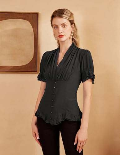 Scarlet Darkness Womens Work Tops Elegant Renaissance Pirate Shirt Short Sleeve Victorian Peasant Blouses