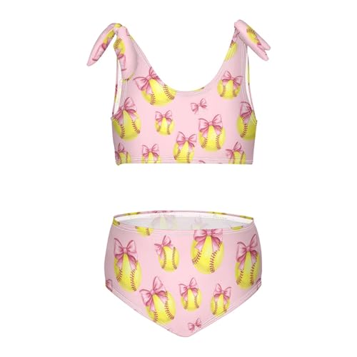 Image of Girls Swimsuit Two Piece Swimwear Bikini Set Pink Bow Softball Bathing Suit for 3-12T,
