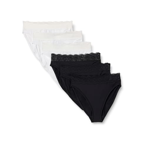 Amazon Essentials Bragas de Microfibra de Tacto Suave, de Tiro Alto y Pernera Alta, con Detalles de Encaje Mujer, Pack de 6, Blanco/Negro, 44