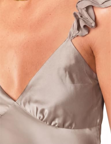 Image of KOUNAI Women's Satin Summer Lace Slit Formal Midi Dress for Wedding Guest | Silk,Elegant,Ruffle Sleeve,Cocktail,Bridesmaid, Beach, Vacation,Party,Adjustable Straps,Graduation,Baby Showe,Engagement