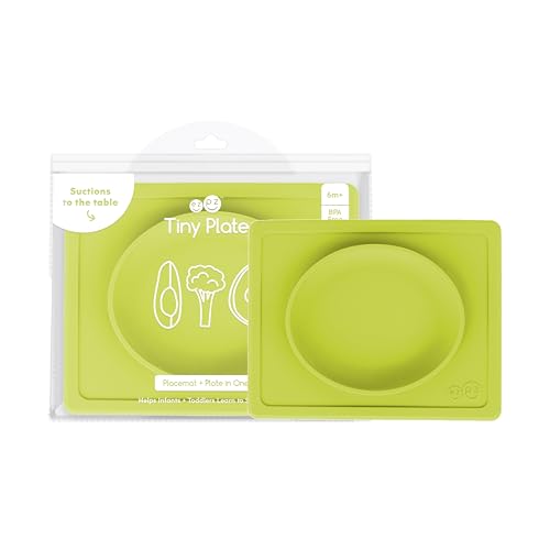 Image of ezpz Tiny Plate - 6 Months+ (Lime) - Silicone Suction Plate for Baby with Built-in Placemat - Baby Led Weaning Supplies - Infant Plate that Fits on Most Highchair Trays