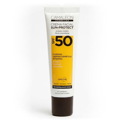 Camaleon Cosmetics - Crema facial con muy alta protección solar SPF50 - Textura ligera - Acabado invisible - No graso - No Comedogenico - Filtros respetuosos con los fondos marinos y con tu piel - Ref