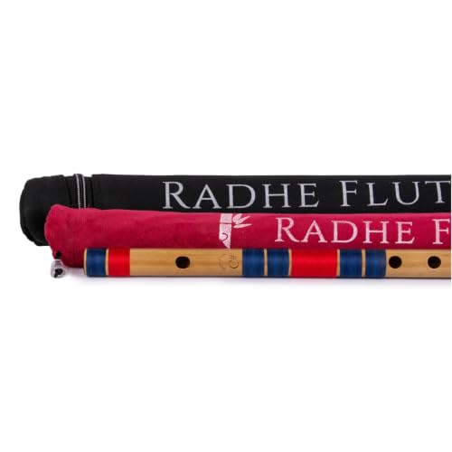 Image of Radhe Flutes Bamboo Bansuri C Sharp Right Handed Middle Octave (18 inch) With Hard Cover (Beige Flute With Dark Blue & Red Threads)