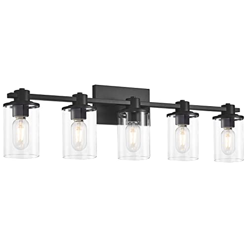 Image of 5-Light Modern Bathroom Vanity Lights,Industrial Matte Black Bathroom Light Fixtures with Clear Glass, Vanity Lights Fixture for Bathroom, Living Room, Mirror,Hallway