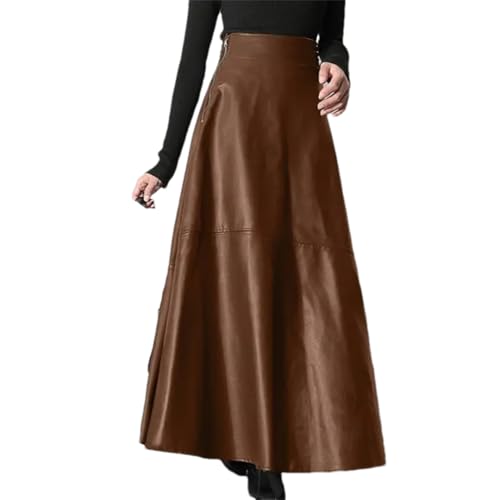 Pohullan Women Solid Pu Leather Maxi Skirts Casual High Waist Zipper A-Line Long Skirt