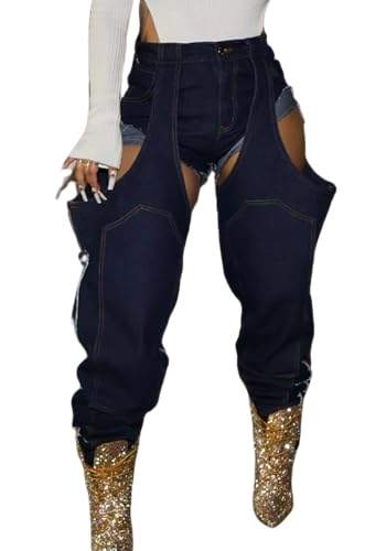 Women's Patchwork Cut Out Jeans Y2K Trendy High Waist Straight Leg Stretchy Ripped Denim Pants Streetwear