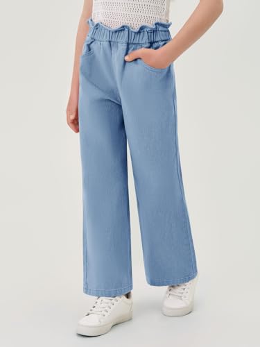 Haloumoning Girls Cute Wide Leg Flared Jeans Kids Oversized Elastic Waist Paper Bag Pants with Pockets 5-14 Years2