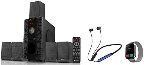 Image of Zebronics ZEB-FIT7220CH Bluetooth Smart Watch (Metallic Silver) & ZEB-BT6590RUCF 65 Watt 5.1 Channel Wireless Bluetooth Subwoofer, Satellite Speaker (Black) & Zeb Evolve in Ear Neckband Earphone(Blue)