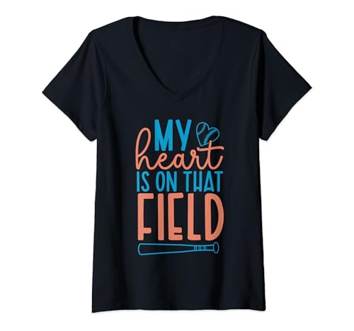 Mujer Women Boho My Heart Is On That Field Baseball Softball Mom Camiseta Cuello V