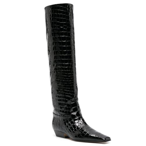 MOOMMO Women Flat Heel Knee High Boots Square Toe Pull On Long Boots Suede Slouch Low Heel Dress Boots Wide Calf Pleated Knee High Tall Boots Comfort Vintage Casual Walking Party 4-11 M US4