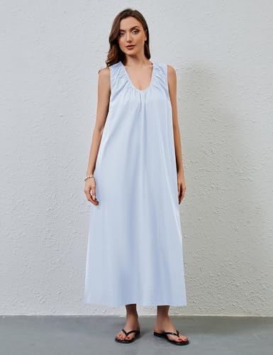 Image of MISSACTIVER Women's Sleeveless Maxi Dress Scoop Neck Ruched Long Dress with Side Pockets Wide Shoulder Elegant Blouse Dresses