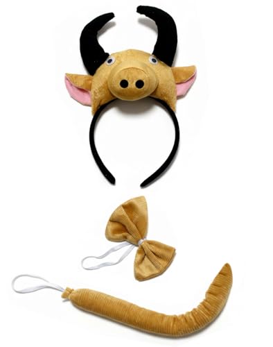 Image of Cattle Headband with Bow and Tail Costume Set, Halloween Animal Ears Costume Dress Up Suit, Cosplay Party Supplies for Adult
