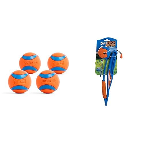 Chuckit Ultra Ball Dog Toy Medium 2 5-inch 4-Pack Fetch Fold Mini 18M Ball Launcher Bundle - for
