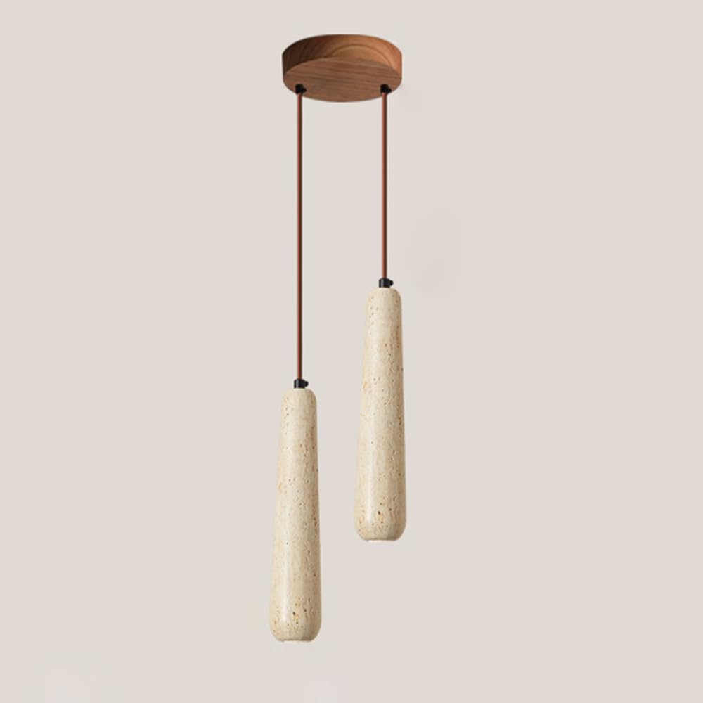 Elksdut Japanese Style Pendant Light Wood Pendant Light With Natural Stone Shade Walnut Wood Dome, Kitchen Island Dining Room Hanging Lamp Kit, Yellow Travertine Pendant Lighting G9 Base