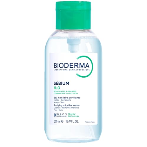 Bioderma Sébium H2O Micellar Water Pump, Cleansing and Makeup Removing Gentle Face Cleanser for Combination to Oily Skin, 16.9 Fl Oz
