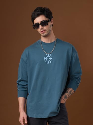 Image of The Souled Store Demon Slayer: Tengen Men and Boys Long Sleeve Round Neck Blue Graphic Printed Drop Shoulder Casual Anime Streetwear Oversized T-Shirt