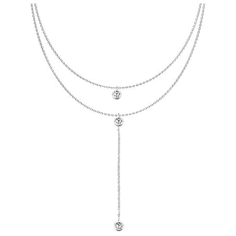 316L Surgical Steel and Crystal Double Chain Necklace with Three Clear Crystal Pendants Including a Hanging Chain 450 mm silver Cover