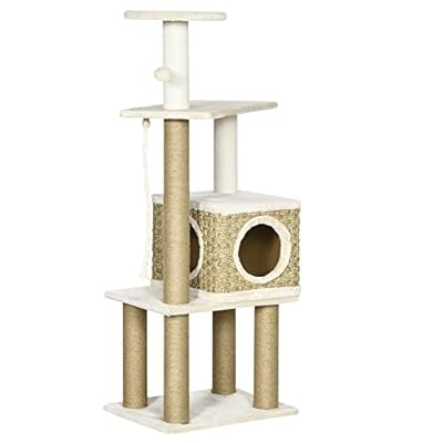 PawHut Cat Tree Climbing Kitten Tower Activity Centre for Indoor Cats w/ Jute Scratching Post, Cat House, Kitten Stand, Hanging Toy Ball - Beige