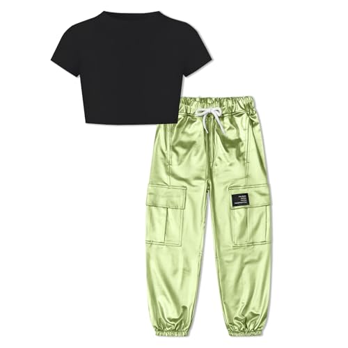 Image of Betusline Girls Clothes 2 Piece Set, Black Cute Short Sleeve Crop Tops + Grass Green Metal Cargo Jogger Pants Clothes,9-10 Years = Tag 150