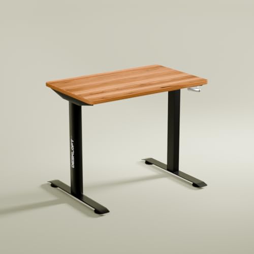 Image of Manual Height Adjustable Desk | Ergonomic Sit Stand Workstation with Walnut Wood Grain Top | Hand Crank Adjustable Computer Table for Home Office (Black Frame & Brown Top, 1200 x 600 mm)