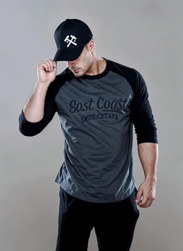 Image of HOT BUTTON Raglan Pattern Round Neck Slim Fit Full Sleeves Casual T Shirt for Men Black & Grey Pack of 1