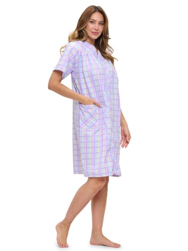Image of Casual Nights Women's Snap - Front House Dress Short Sleeve Woven Housecoat Duster Lounger Robe with Pockets