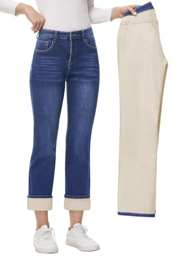 AMRSPENG Women's Fleece Lined Jeans Women Straight Leg Jeans Winter High Waisted Fleece Lined Denim Pants