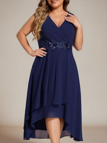 Image of Ever-Pretty Plus Women's V Neck Applique Chiffon Pleated Sleeveless Midi Plus Size Cocktail Party Dresses