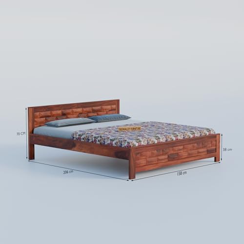 Image of Solid Sheesham Wood Queen Size Bed Without Storage | Double Bed Cot for Bedroom | Palang Double Bed for Home | Wooden Double cot for Living Room | Rosewood, Honey Finish